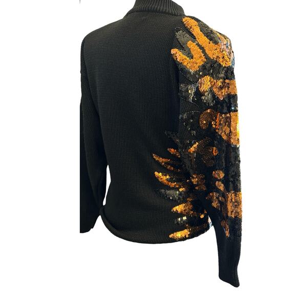 Vintage Black Wool Blend Sequin Sweater Medium Glam Animal Leaf Party Pullover - Picture 10 of 12